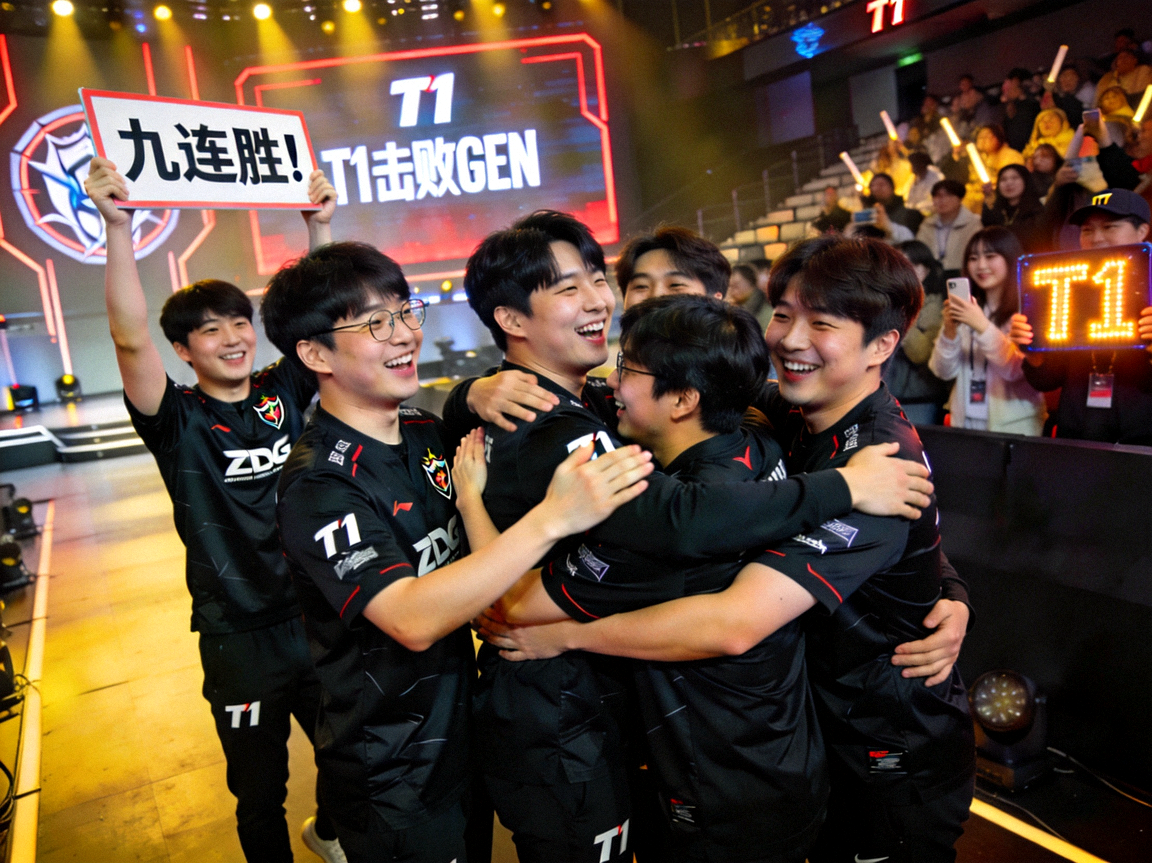 T1电子竞技俱乐部在LCK联赛中击败GEN取得九连胜的赛后欢呼场面
